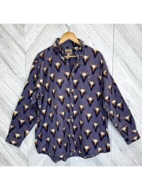 Barn Fly Western Shirt Mens Large Longhorn Steer Skull Print Cowboy Rodeo Ranch